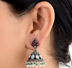 Pyramid Shaped 925 Sterling Silver Jhumki Earrings With Onyx Beads And Amethyst Stud