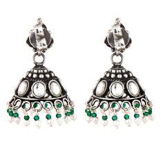 Pyramid Shaped 925 Sterling Silver Jhumki Earrings With Onyx Beads And Amethyst Stud