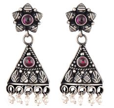 Floral Amethyst 92.5 Sterling Silver Earrings Engraved Leaves Pearl Tassel Danglers