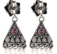 Floral Amethyst 92.5 Sterling Silver Earrings Engraved Leaves Pearl Tassel Danglers