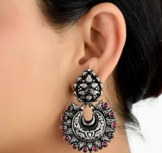 92.5 Sterling Silver Chandbali Earrings Big Floral Stud And Leaves and Amethyst Stoned Hanging