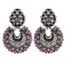 92.5 Sterling Silver Chandbali Earrings Big Floral Stud And Leaves and Amethyst Stoned Hanging