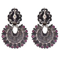 92.5 Sterling Silver Chandbali Earrings Big Floral Stud And Leaves and Amethyst Stoned Hanging