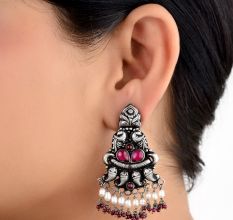 Long Floral 92.5 Sterling Silver Earrings Peacock Motif Pearl And Red Agate Tassels