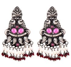 Long Floral 92.5 Sterling Silver Earrings Peacock Motif Pearl And Red Agate Tassels