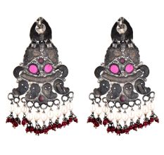 Long Floral 92.5 Sterling Silver Earrings Peacock Motif Pearl And Red Agate Tassels