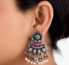 Intricate 92.5 Sterling Silver Earrings Pink Jade Garnet And Pearls