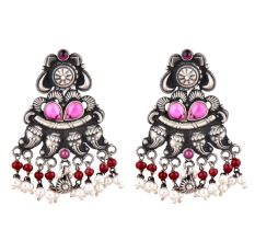 Intricate 92.5 Sterling Silver Earrings Pink Jade Garnet And Pearls