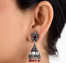 Triangular 92.5 Sterling silver Jhumki Earrings With Amethyst stud And Garnet Beads Hanging