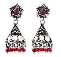 Triangular 92.5 Sterling silver Jhumki Earrings With Amethyst stud And Garnet Beads Hanging