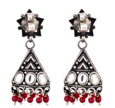 Triangular 92.5 Sterling silver Jhumki Earrings With Amethyst stud And Garnet Beads Hanging