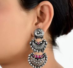 92.5 Sterling silver Earrings Two layered Dangler With Peacock Stud Pink Sapphire
