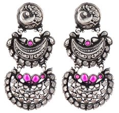 92.5 Sterling silver Earrings Two layered Dangler With Peacock Stud Pink Sapphire