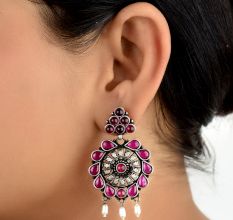 92.5 Sterling Silver Dangler Earrings Floral Design Pink Sapphire and Pearl Beads Studded jewelry