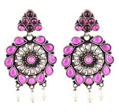 92.5 Sterling Silver Dangler Earrings Floral Design Pink Sapphire and Pearl Beads Studded jewelry