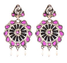 92.5 Sterling Silver Dangler Earrings Floral Design Pink Sapphire and Pearl Beads Studded jewelry