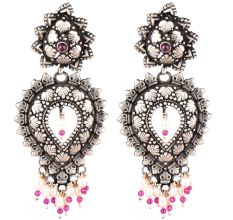 Floral 92.5 Sterling Silver Dangler Earrings Big Tear Drop Design With Pink Sapphire And Pearl