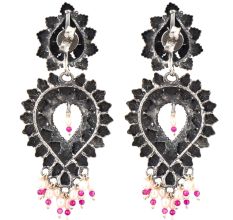 Floral 92.5 Sterling Silver Dangler Earrings Big Tear Drop Design With Pink Sapphire And Pearl