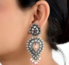 Floral 92.5 Sterling Silver Dangler Earrings Big Tear Drop Design With Pink Sapphire And Pearl