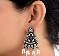 Peacock 92.5 Sterling Silver Earrings Engraved Feathers And Amethyst Stone  Danglers