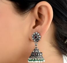 92.5 Sterling silver Earrings jhumki With Amethyst Stone Floral Stud And Onyx and Pearl Beads Tassels