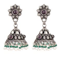 92.5 Sterling silver Earrings jhumki With Amethyst Stone Floral Stud And Onyx and Pearl Beads Tassels