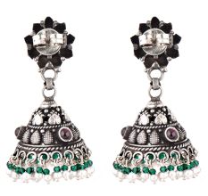 92.5 Sterling silver Earrings jhumki With Amethyst Stone Floral Stud And Onyx and Pearl Beads Tassels