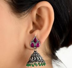 Amethyst Stud 92.5 Sterling Silver Earrings Jhumki With Onyx Beads Tassels