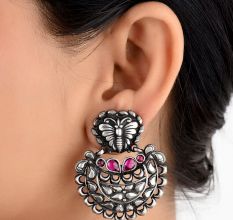 Butterfly 92.5 Sterling Silver Chandbali Earrings Fuchsia Jade Stoned Fashion For women