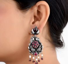 92.5 Sterling Silver Earrings Peacock Fuchsia Danglers With Red Chalcedony And Pearl Tassels For Girls