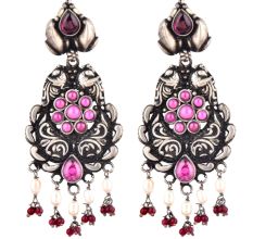 92.5 Sterling Silver Earrings Peacock Fuchsia Danglers With Red Chalcedony And Pearl Tassels For Girls