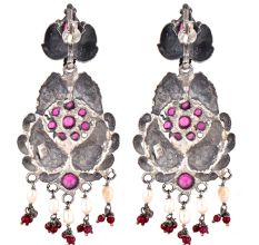 92.5 Sterling Silver Earrings Peacock Fuchsia Danglers With Red Chalcedony And Pearl Tassels For Girls