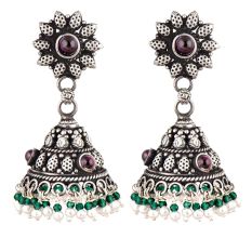 Dotted Floral Stud 92.5 Sterling Silver Earrings With Green Peridot And Pearl Jhumkis