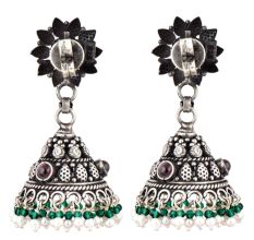 Dotted Floral Stud 92.5 Sterling Silver Earrings With Green Peridot And Pearl Jhumkis