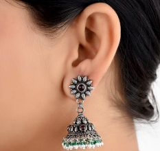 Dotted Floral Stud 92.5 Sterling Silver Earrings With Green Peridot And Pearl Jhumkis