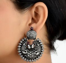 Oxidized 92.5 Sterling silver Earrings Chandbali Peacock Big Floral Formal Wear For Women