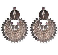 Oxidized 92.5 Sterling silver Earrings Chandbali Peacock Big Floral Formal Wear For Women