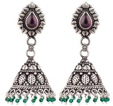 Heart Oval Amethyst 92.5 Sterling Silver Jhumka Earrings With Green Peridot Bead Hanging