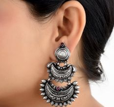 Three Layered 92.5 Sterling Silver Earrings Chandbali Pink Fuchsia Intricate Floral Design