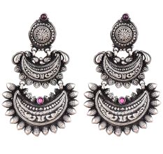 Three Layered 92.5 Sterling Silver Earrings Chandbali Pink Fuchsia Intricate Floral Design