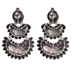 Three Layered 92.5 Sterling Silver Earrings Chandbali Pink Fuchsia Intricate Floral Design