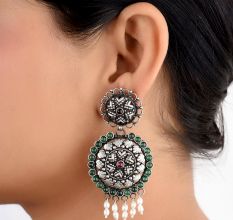 Two Discs 92.5 Sterling Silver Earrings With Round Turquoise Stone And Pearl Beads