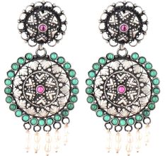 Two Discs 92.5 Sterling Silver Earrings With Round Turquoise Stone And Pearl Beads
