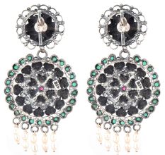 Two Discs 92.5 Sterling Silver Earrings With Round Turquoise Stone And Pearl Beads