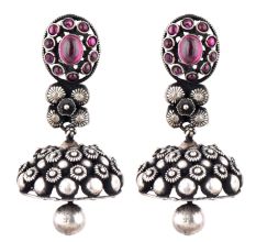 Tribal Floral Design 92.5 Sterling Silver Jhumka Earrings With Amethyst stone