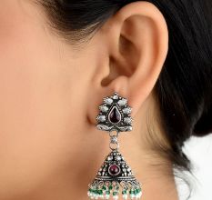 Indian Bird 92.5 Sterling silver Earrings Jhumki with Green Peridot And Pearl Tassels