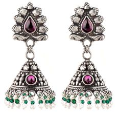 Indian Bird 92.5 Sterling silver Earrings Jhumki with Green Peridot And Pearl Tassels