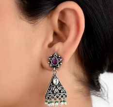 Star Amethyst 92.5 Sterling Silver Earrings  Pyramid Design Green Peridot And Pearl Beads