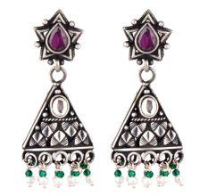 Star Amethyst 92.5 Sterling Silver Earrings  Pyramid Design Green Peridot And Pearl Beads