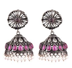 Big Floral Stud 92.5 Sterling Silver jhumkis Amethyst Stone Pearl Hangings